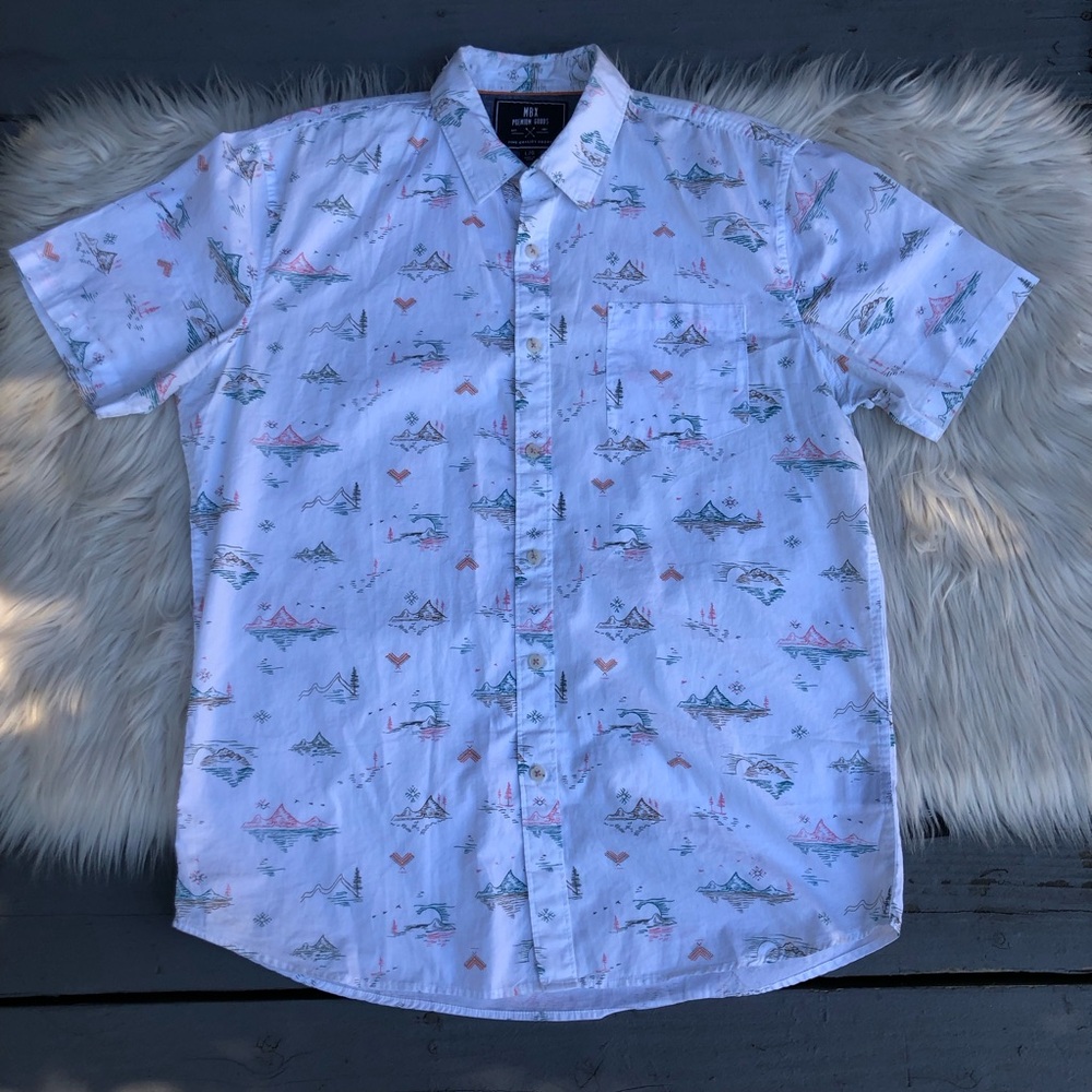 MBX Premium Goods Scenery Print Vacation 100% Cotton White Mens Shirt size L